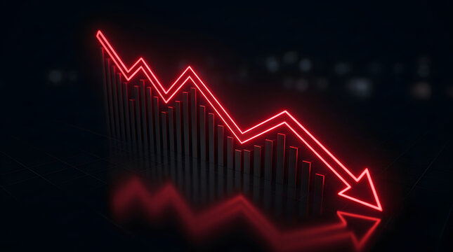 Futuristic red stock market graph falling across a dark glossy trading surface, symbolizing bearish trend, financial risk and volatility. AI Generated.