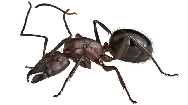 Large dark brown ant with segmented body and prominent mandibles