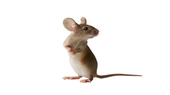Small brown mouse standing on hind legs with front paws clasped