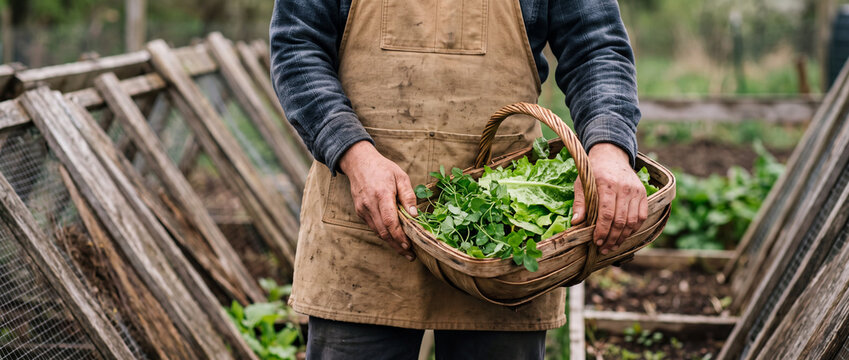 Organic gardener harvesting fresh greens in a wicker basket at raised vegetable garden beds