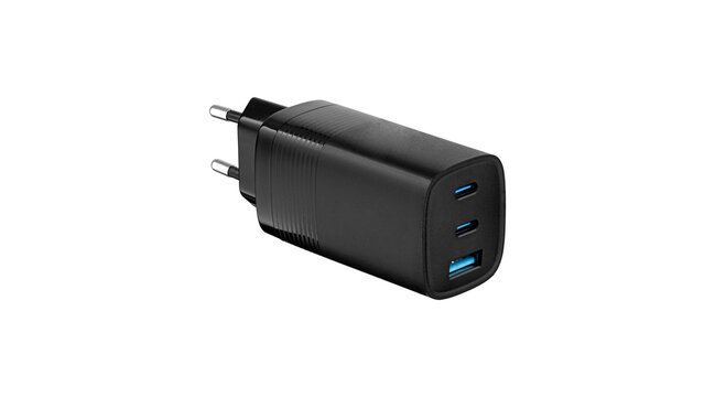 Fast charging power adapter with dual USB-C and one USB-A ports. Professional studio shot of a universal plug for smartphones, tablets, and laptops isolated on white background.