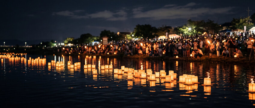 Floating lantern festival on river at night with crowds lighting paper lanterns