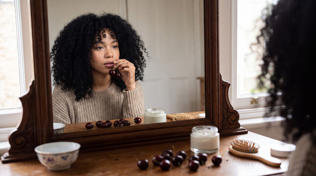 Young woman looking at reflection in mirror, contemplating beauty and natural self care with cherries