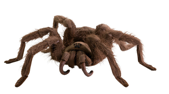 Brown hairy tarantula spider with fangs and legs spread