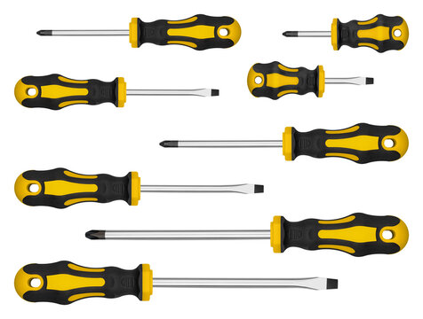Assorted flathead and phillips screwdriver kit with magnetic tips. Premium hardware tool collection template for online store catalog and copy space