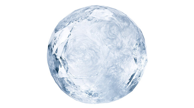 Clear faceted ice sphere with internal swirls and cracks