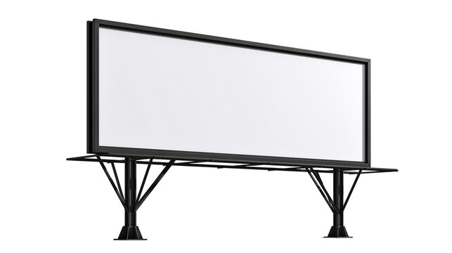Large rectangular billboard with blank white screen and black frame on metal supports