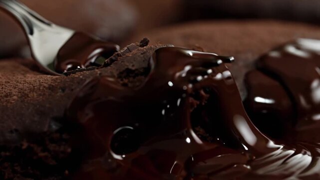 A metal fork pierces a rich, decadent chocolate cake, revealing a gooey, intensely chocolatey interior. Photorealistic rendering emphasizes the textures
