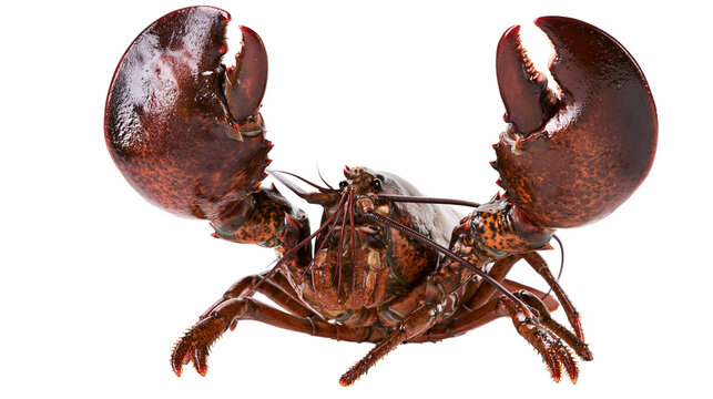 Large dark red lobster with claws raised on white