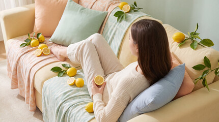 Obraz premium Woman relaxing on sofa with fresh lemons, enjoying quiet home living and comfortable, peaceful lifestyle