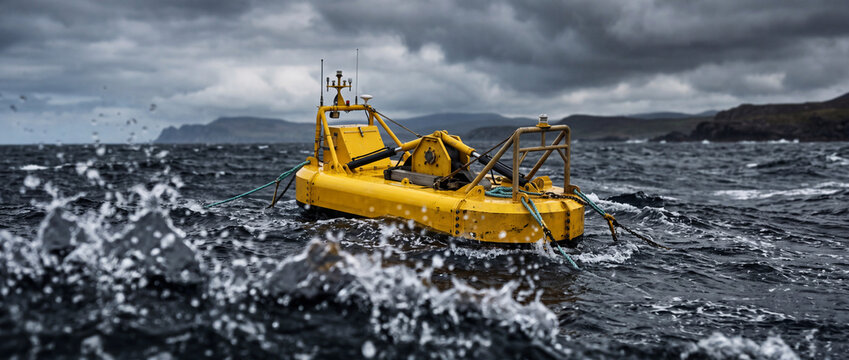 Yellow ocean research buoy tossed by rough waves under stormy gray skies near rocky coastline