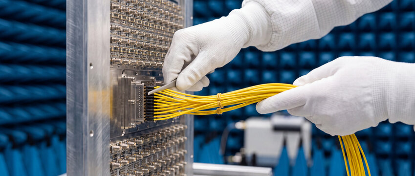 Gloved technician connecting yellow fiber optic patch cables to test panel in anechoic lab