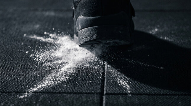 Black lifting shoe stepping on gym mat and scattering white chalk powder