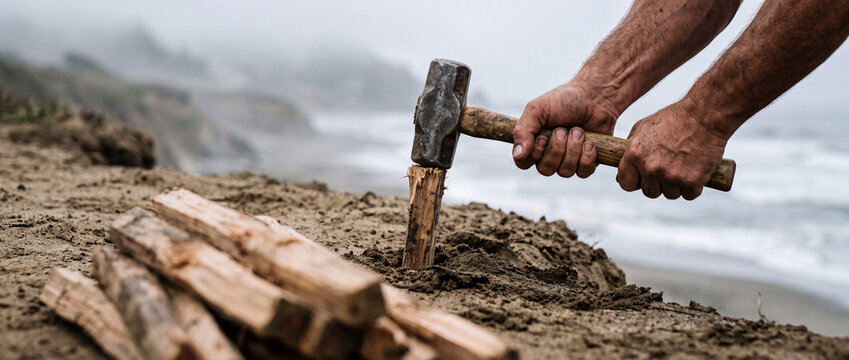 Hands hammering wood into sand on misty beach preparing firewood for campfire