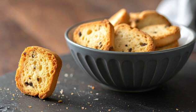 Bowl of crispy toasted bread rusks with chocolate chips isolated on a dark stone surface