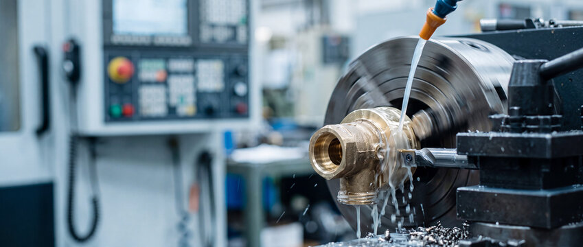 CNC lathe machining brass fitting with coolant in industrial metalworking workshop