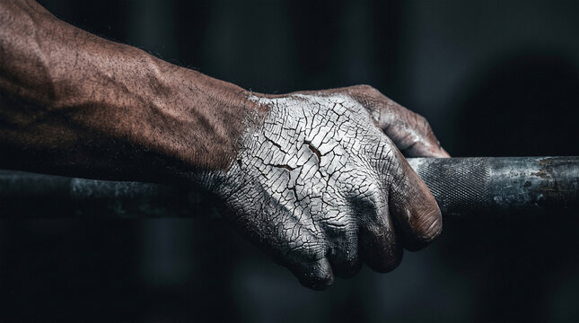 Chalked hand gripping a steel barbell with deeply cracked dry chalk texture