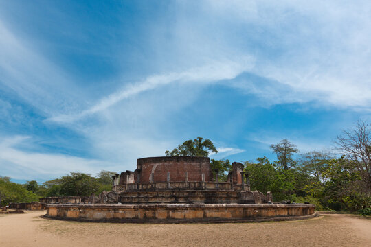 Scene featuring ancient Vatadage (Buddhist stupa) in Pollonnaruwa, Sri Lanka
