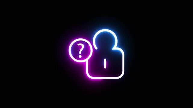 Neon glowing avatar icon with question mark symbol pulsing on black background video clip.