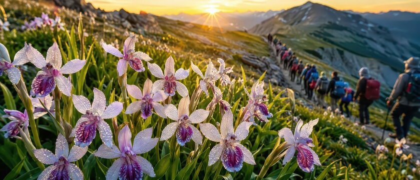 A group of hikers makes their way along a scenic mountain trail, enveloped by vibrant flowers, while the sun gradually rises over the gently rolling hills