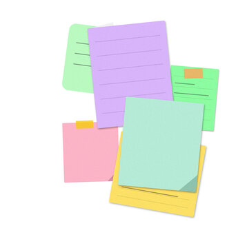 Colorful sticky notes and paper memos arranged in a messy pile for reminders and office organization isolated on a white background