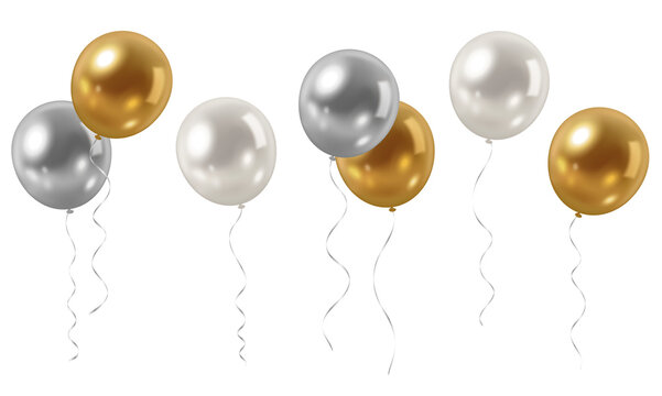 Realistic border with metallic gold, silver and white flying balloons - celebration, invitation decoration on transparent background