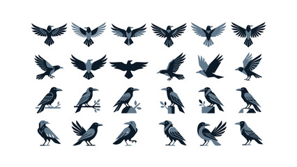 Fototapeta premium Set of black crow bird icons in various poses including flying perched and standing isolated collection for creative design projects