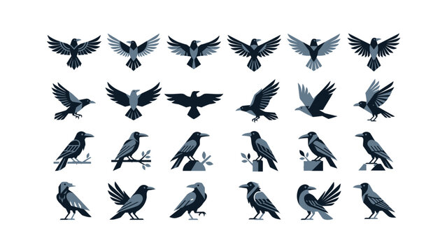 Set of black crow bird icons in various poses including flying perched and standing isolated collection for creative design projects