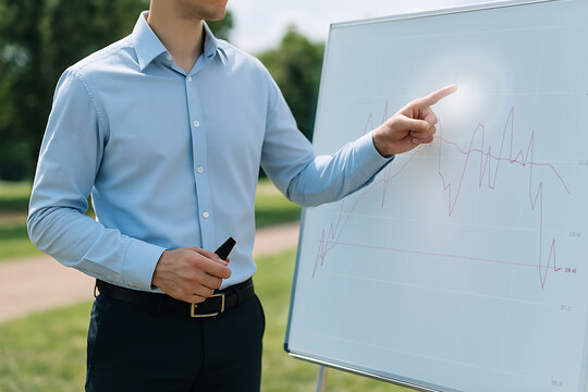 Business professional explaining concepts on a whiteboard in a bright office.