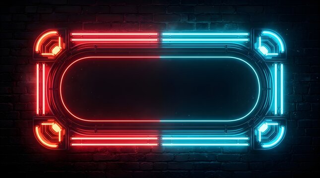 Vibrant rectangular neon frame featuring glowing red and electric blue light tubes mounted on a dark textured brick wall providing a modern cinematic gaming aesthetic