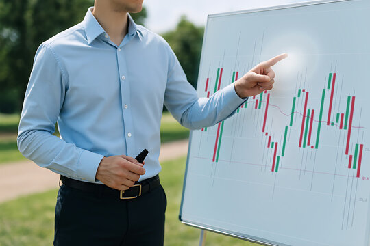 A person explaining concepts on a whiteboard in a modern office environment.