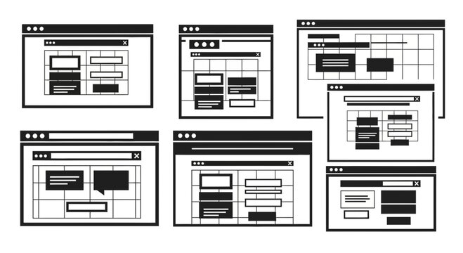 Wireframe browser windows for website design on white background with windows various layouts six black wireframe interface prototype template