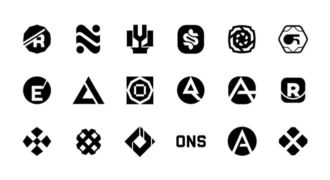 Collection of modern black and white logos on clean background with logos arranged four diverse set unique rows plain white identifiers branding