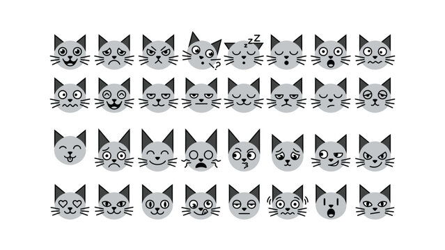 Set of cute cat face icons with many different emotions and expressions in a flat monochrome style for social media