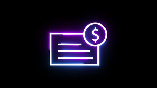 Neon glowing invoice icon with dollar symbol animated motion graphic design for business.