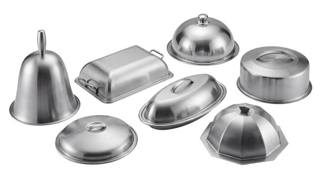 Professional stainless steel cloche set, collection of 7 silver food covers, elegant restaurant service domes for catering isolated PNG with Transparent Background