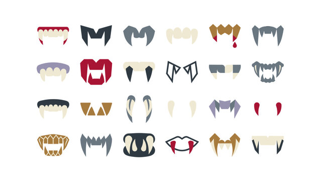 Set of vampire teeth and monster fangs icons for halloween costume design and spooky character face masks