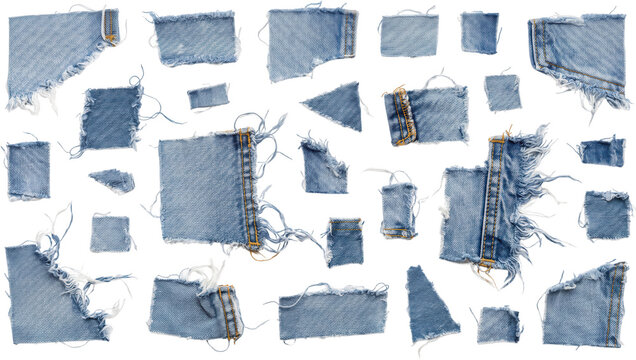 Collection of assorted torn denim fabric pieces and ragged blue jeans scraps featuring frayed edges and yellow stitching arranged flat in a horizontal composition layout patch