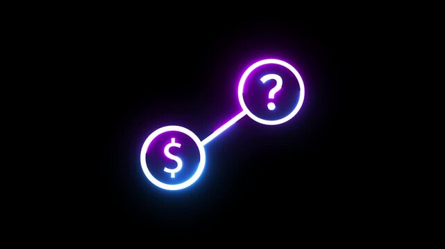 Neon financial decision icon glowing with dollar sign and question mark on black background.