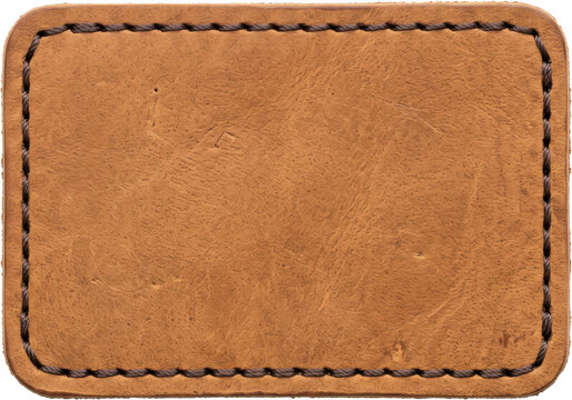 Blank brown leather label patch with dark stitched border frame and rounded corners featuring a textured vintage animal hide surface detail ready for custom logo branding