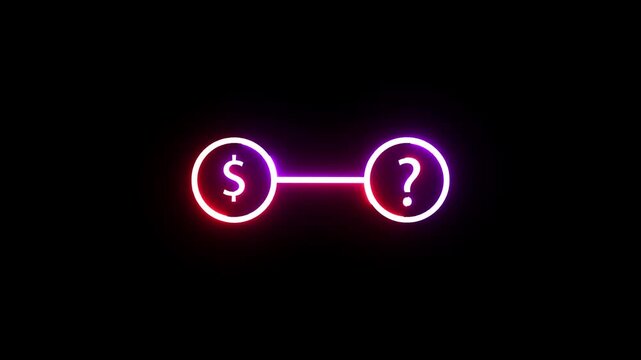 Neon dollar sign and question mark glow with changing colors on black background footage.