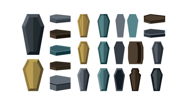 Set of various wooden and metal coffins and caskets in different shapes and colors for funeral and burial services Vector