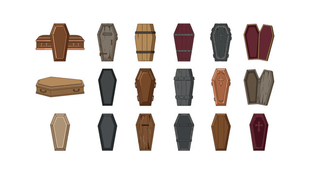 Set of various wooden and metal coffins for burial and funeral ceremonies in different colors and shapes arranged in rows