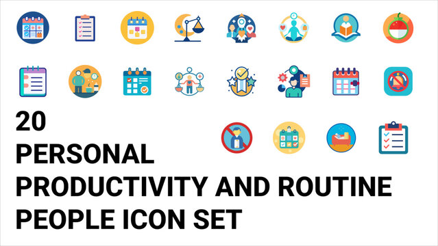 20 Personal Productivity and Routine People Flat Icons Set. Daily Habit Tracker, Time Management, Work Life Balance, Schedule Planner, and Self Improvement Vector Illustration Collection