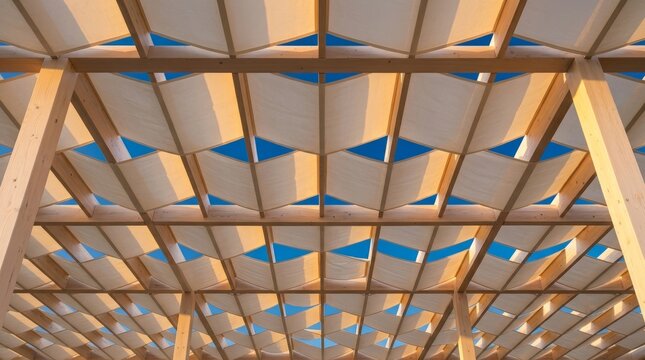 Timber pergola with fabric shade panels seen from below against a deep blue sky