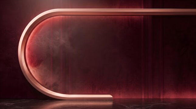 Minimalist rose gold curved arch frame set against a deep moody dark red textured wall background with soft glowing ambient light and elegant marble floor