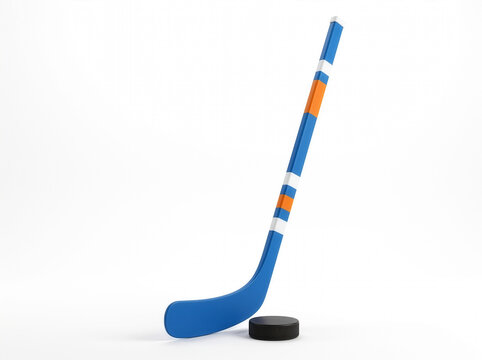 Blue ice hockey stick with orange and white accents and a black puck, isolated on a clean white background with soft shadows and realistic 3D sports detail.