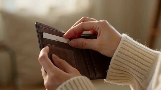Close up of hands opening a brown leather wallet in soft indoor lighting
