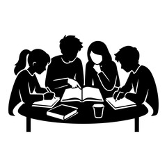 Fototapeta premium Four Students Studying Together at a Round Table with Open Book and Notes, Black Silhouette for Education and Tutoring Projects