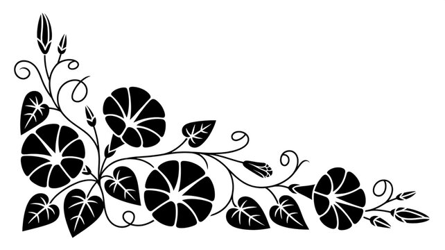 Floral corner border design featuring black silhouette morning glory flowers and vine flourishes for decorative elements